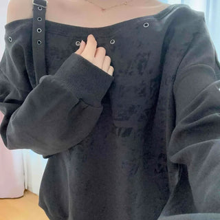 Punk Eyelet Boat Neck Balloon Sleeve Sweatshirt
