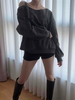 Punk Eyelet Boat Neck Balloon Sleeve Sweatshirt