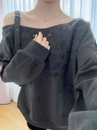 Punk Eyelet Boat Neck Balloon Sleeve Sweatshirt