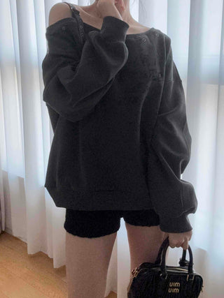 Punk Eyelet Boat Neck Balloon Sleeve Sweatshirt