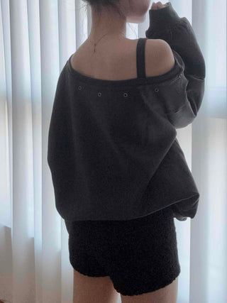 Punk Eyelet Boat Neck Balloon Sleeve Sweatshirt