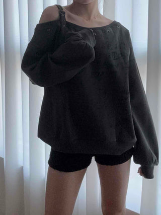 Punk Eyelet Boat Neck Balloon Sleeve Sweatshirt