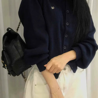 Essential Gold Logo V-Neck Boxy Knit Cardigan