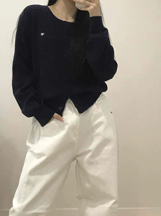 Essential Gold Logo V-Neck Boxy Knit Cardigan