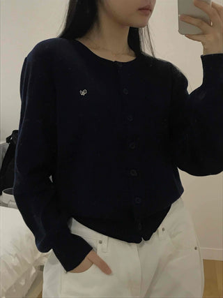 Essential Gold Logo V-Neck Boxy Knit Cardigan