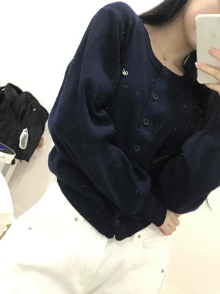 Essential Gold Logo V-Neck Boxy Knit Cardigan
