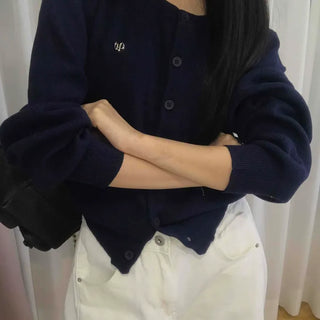 Essential Gold Logo V-Neck Boxy Knit Cardigan