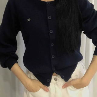 Essential Gold Logo V-Neck Boxy Knit Cardigan