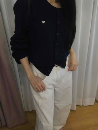 Essential Gold Logo V-Neck Boxy Knit Cardigan