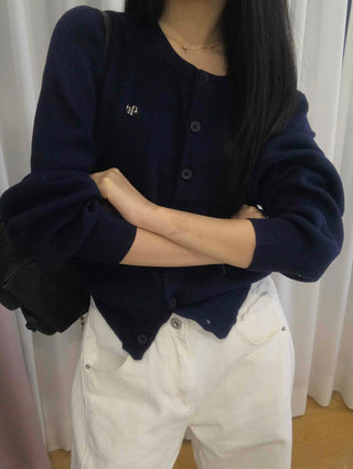 Essential Gold Logo V-Neck Boxy Knit Cardigan
