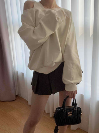 Asymmetrical Neckline Puff Sleeve Frill Sweatshirt