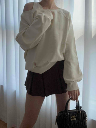 Asymmetrical Neckline Puff Sleeve Frill Sweatshirt
