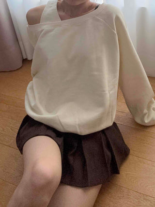 Asymmetrical Neckline Puff Sleeve Frill Sweatshirt