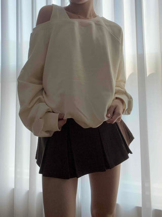 Asymmetrical Neckline Puff Sleeve Frill Sweatshirt