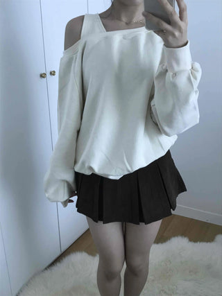 Asymmetrical Neckline Puff Sleeve Frill Sweatshirt