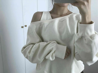 Asymmetrical Neckline Puff Sleeve Frill Sweatshirt