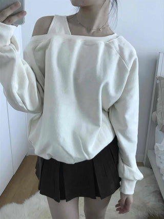 Asymmetrical Neckline Puff Sleeve Frill Sweatshirt