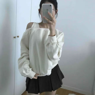 Asymmetrical Neckline Puff Sleeve Frill Sweatshirt