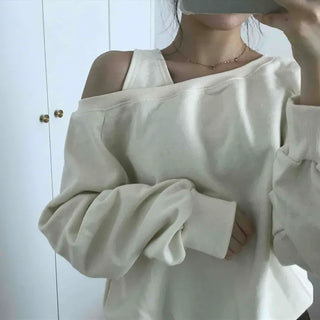 Asymmetrical Neckline Puff Sleeve Frill Sweatshirt