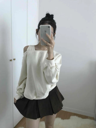 Asymmetrical Neckline Puff Sleeve Frill Sweatshirt