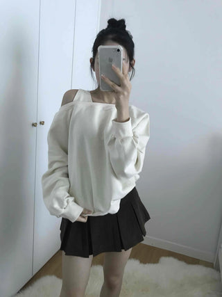 Asymmetrical Neckline Puff Sleeve Frill Sweatshirt