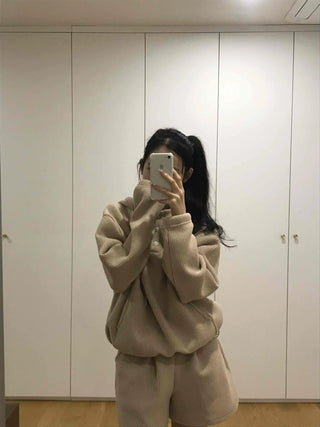 Cozy Waffle Collar Neck Oversized Two-Piece Set