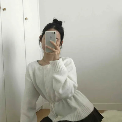 Rib Slit Neck Flare Sleeve Button Knit Cardigan