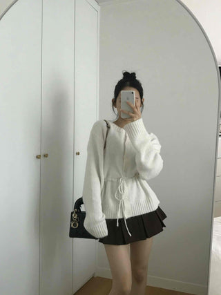 Rib Slit Neck Flare Sleeve Button Knit Cardigan