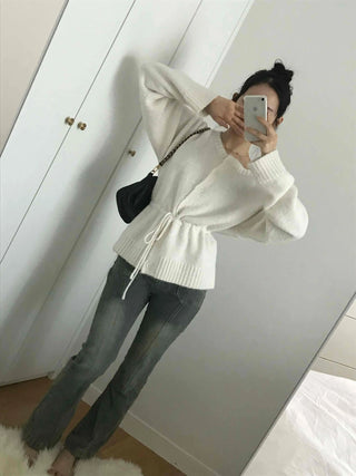 Rib Slit Neck Flare Sleeve Button Knit Cardigan
