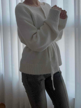 Rib Slit Neck Flare Sleeve Button Knit Cardigan