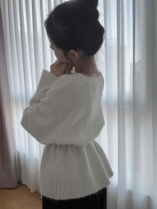 Rib Slit Neck Flare Sleeve Button Knit Cardigan