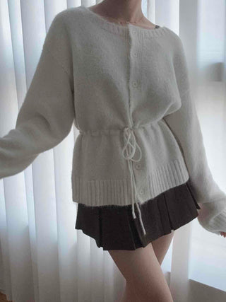 Rib Slit Neck Flare Sleeve Button Knit Cardigan
