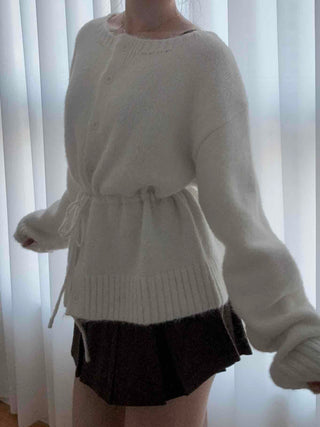 Rib Slit Neck Flare Sleeve Button Knit Cardigan
