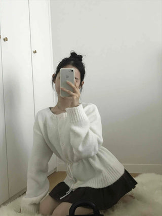 Rib Slit Neck Flare Sleeve Button Knit Cardigan