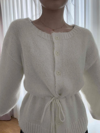 Rib Slit Neck Flare Sleeve Button Knit Cardigan
