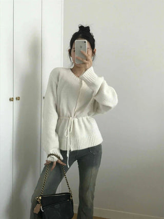 Rib Slit Neck Flare Sleeve Button Knit Cardigan