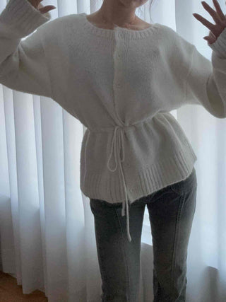 Rib Slit Neck Flare Sleeve Button Knit Cardigan