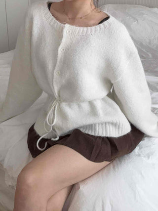 Rib Slit Neck Flare Sleeve Button Knit Cardigan