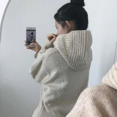 Adele Shoulder Cut Wide Turtleneck Oversized Knit Cardigan