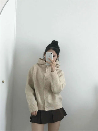 Adele Shoulder Cut Wide Turtleneck Oversized Knit Cardigan