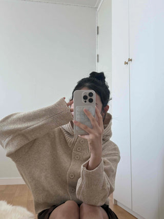 Adele Shoulder Cut Wide Turtleneck Oversized Knit Cardigan