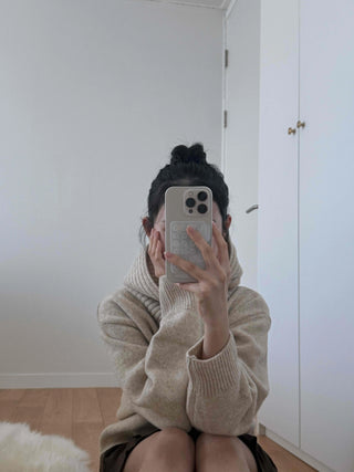 Adele Shoulder Cut Wide Turtleneck Oversized Knit Cardigan