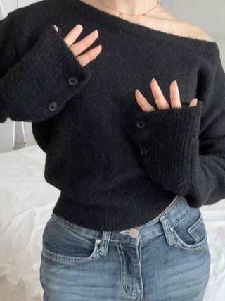 Glam Diagonal Drop Wide Neck Balloon Fit Knit