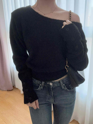 Glam Diagonal Drop Wide Neck Balloon Fit Knit