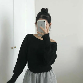 Glam Diagonal Drop Wide Neck Balloon Fit Knit