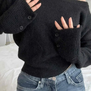 Glam Diagonal Drop Wide Neck Balloon Fit Knit