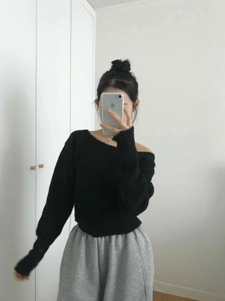 Glam Diagonal Drop Wide Neck Balloon Fit Knit