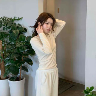 Velour Drop Shoulder V-Neck Loose Fit Long Sleeve T-Shirt