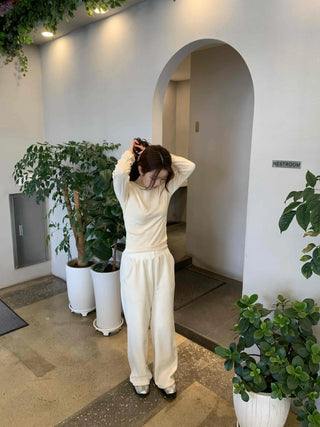 Velour Drop Shoulder V-Neck Loose Fit Long Sleeve T-Shirt