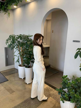 Velour Drop Shoulder V-Neck Loose Fit Long Sleeve T-Shirt